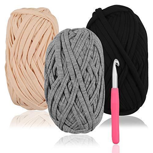 Knitting Yarn Fabric Cloth T-Shirt Yarn Carpet Yarn Yarn for Crochetingï¼Œ120 Yards T-Shirt Yarn Knitting Yarn for Hand DIY Bag Blanket Cushion Crocheting Projects,with Crochet Hook (Gray,Beige,Black) -Free Shipping