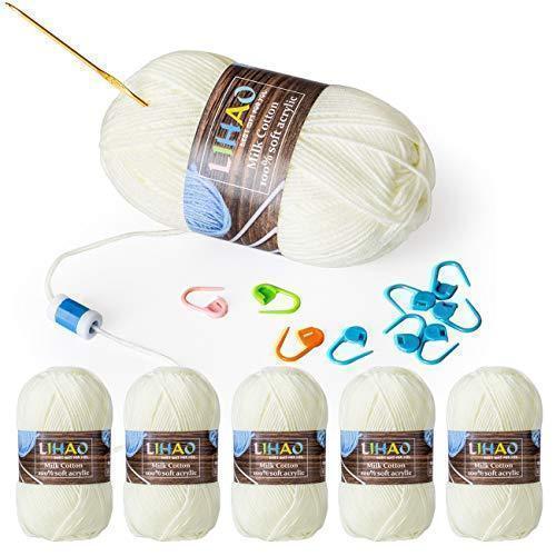 LIHAO 10 Acrylic Yarn Skeins - Total 175 Yards Milk White Yarn â€“ Great Crochet and Knitting Starter Kit -Free Shipping