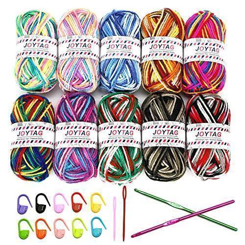 JOYTAG 10 Acrylic Yarn Skeins,Multicolor Crochet Craft Yarn for Crocheting and Knitting,with Crochet Hooks Knitting Needles Stitch Markers,Crochet Yarn Starter Kit for Beginners(650 Yard/250g) -Free Shipping